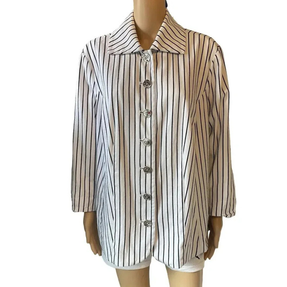 Chaps Lined Jacket White Black Horizontal Striped ButtonUp Sz1X Business Career - Picture 1 of 10